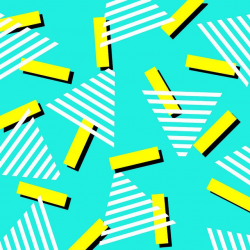 blue background, yellow rectangles, white striped triangles, black ...