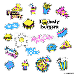 Pop art set with fashion patch badges and different fast food ...