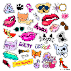 Fashion patch badges. Cats and dogs set. Set of stickers, pins ...