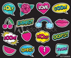 Cool modern colorful patch set on black background. Fashion stickers ...