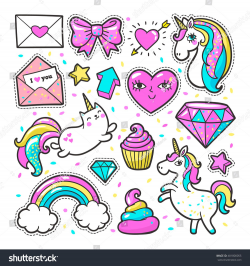 Fashion patch badges with unicorns, hearts, cats, rainbow and other ...