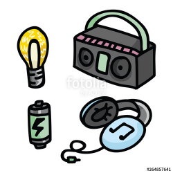 Cute boombox, lightbulb, battery and headphone vector ...
