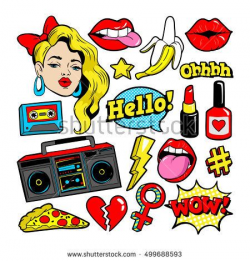Fashion patch badges with woman, lips, tape recorder and other ...