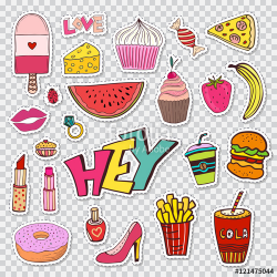 Fashion patches elements with sweets food and girly elements. Vector ...