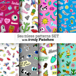 Seamless patterns set with fashion patch badges. Pop art. Stickers ...