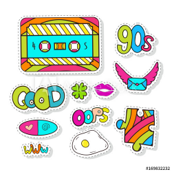 Fashion stickers elements with cassette and cute art. Bright ...