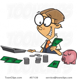 Cartoon Young White Accountant Boy Counting Money by a Piggy Bank ...