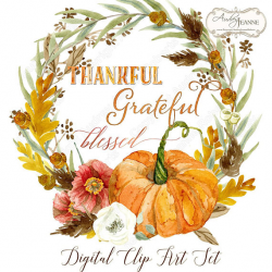 Watercolor Fall Wreath, Digital Clip Art, Pumpkin, Autumn Leaves ...