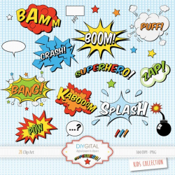 Superhero Comic Elements-Comic Book-Sound Effects-Action Words ...
