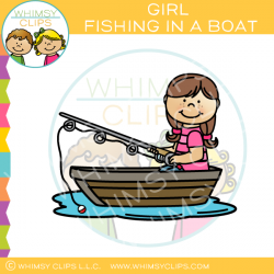 Brown-Haired Girl Fishing in a Boat Clip Art