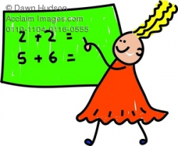 Clipart Image of A Happy Little Girl Doing Addition Sums On A Large ...
