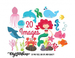 Sea life Digital Clipart Set, Includes Mermaid, Dolphin, Shark, Sea ...