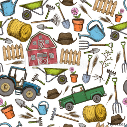 Seamless background of colorful sketch farming equipment icons ...
