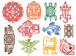 Colorful ancient mexican vector mythology symbols - american aztec ...