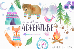 Watercolor Adventure Clipart Woodland Tribal Animals Clipart