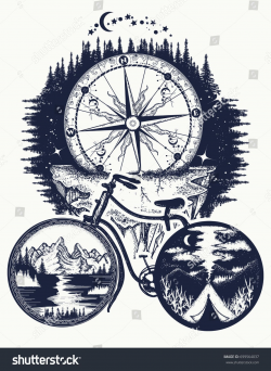 Bicycle and mountains tattoo art. Symbol of travel, tourism ...
