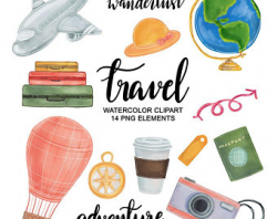 Travel & Adventure clipart watercolor hand drawn. Travel
