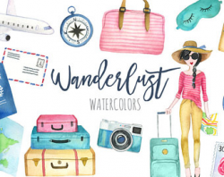 Travel Clipart Watercolor Vacation Summer Holiday Luggage Road