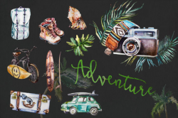 Watercolor Adventure Clipart Set,Retro Vehicles,Surfing Board ...