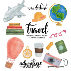 Travel Clipart INSTANT DOWNLOAD Watercolor Travel Clipart