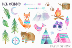 Watercolor Adventure Clipart Woodland Tribal Animals Clipart