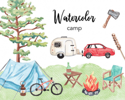 WATERCOLOR CLIPART, camping clipart, watercolour clipart set ...