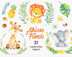 African Friends. Watercolor animals clipart lion elephant