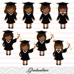 African American Graduation Girls Clip Art, Girls Graduate Clipart,  Preschool Kindergarten Graduation Clipart, 00284