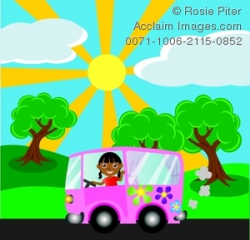 Clipart Image of An African American Girl Driving a Pink Hippie Bus ...