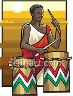 African Man Playing Drums At Sunset - Royalty Free Clipart Picture