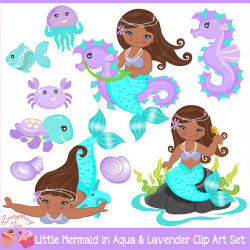 African-american Little Mermaids Mermaid in Aqua & Purple Clipart ...