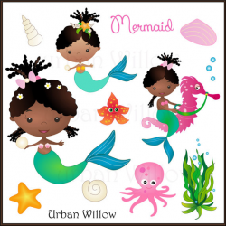 MERMAID Clipart, African American Mermaid, African Mermaid, Cute ...