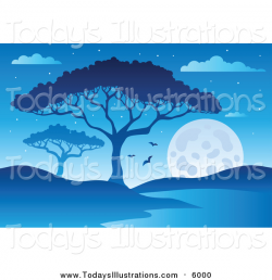 Clipart of a Blue African Night Landscape with a Tree over a ...