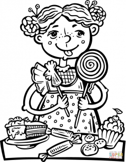 Girl Eating a Lot of Candy and Snacks coloring page | Free Printable ...