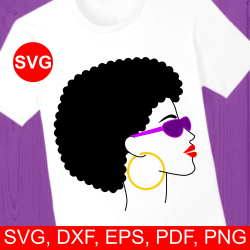 Afro Woman SVG file with shades, hoop earring , bright lipstick, and ...