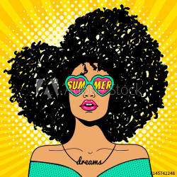 Wow pop art face. Sexy woman with black afro curly hair and open ...