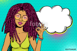 Pop art female face. Sexy african american hippie woman with pink ...