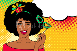 Pop art face. Young sexy afro american woman with gift on her head ...