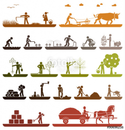 Set of pictogram icons presenting agricultural work and life on the ...