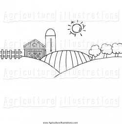 Agriculture Clipart of Black and White Rolling Hills, a Farm and ...