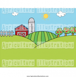 Agriculture Clipart of the Sun Shining Above a Silo, Barn, Orchard ...