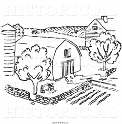 Clipart of a Farm with Barn, Silo, Trees, and Garden - Black and ...