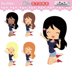 Happy Girl Clipart, Chibi jumping in air with raised hands. PNG ...
