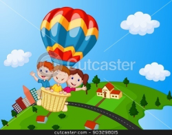 Happy kids riding a hot air balloon stock vector
