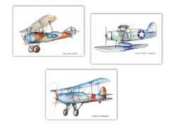 Airplane art Set 3 prints Aircraft Watercolor Poster Boys