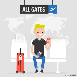 Airport. Young traveller waiting for a flight. Flat editable vector ...