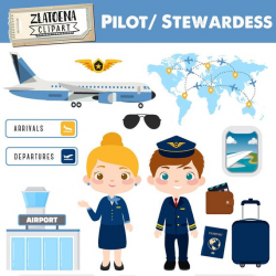 Pilot Clipart Airport Clip Art Airplane Digital Graphics Stewardess clipart  graphics Aircraft Travel Flying Professions clipart