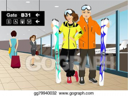 Vector Art - Happy couple skiers standing in the hall of the airport ...