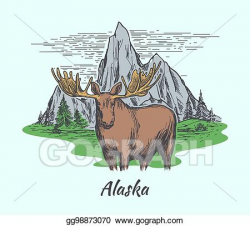 Vector Clipart - Alaska poster with moose and mountains ...