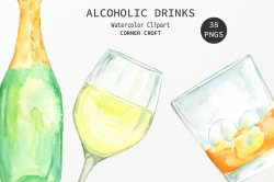 Watercolour clipart alcohol, wine, beer, liquor, vodka, cocktail ...